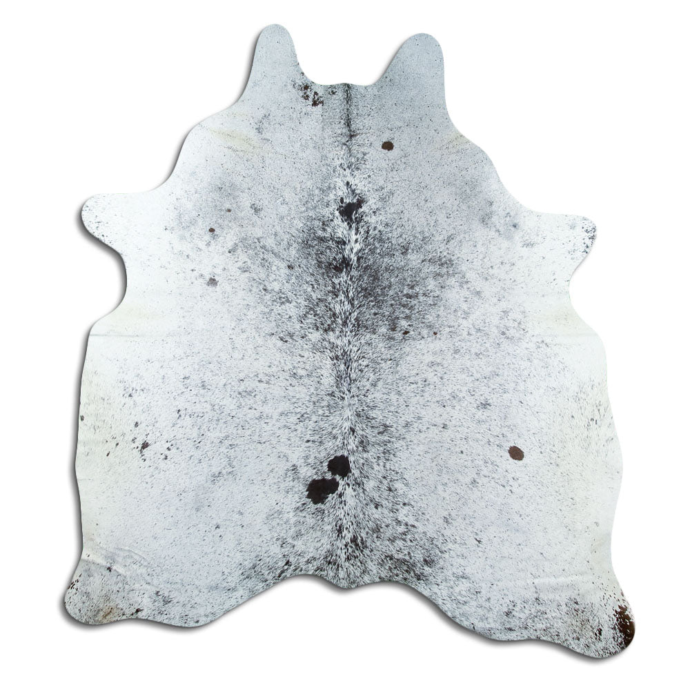 Salt & pepper koeienhuid, ongeveer 190 × 180 cm, van bovenaf gezien: precies de huid die je ontvangt