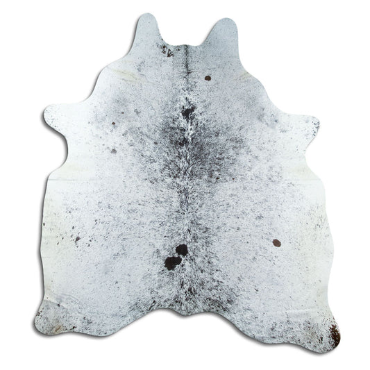 Salt & pepper koeienhuid, ongeveer 190 × 180 cm, van bovenaf gezien: precies de huid die je ontvangt