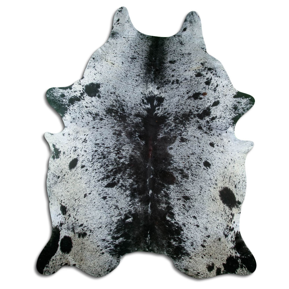 Salt & pepper koeienhuid, ongeveer 230 × 190 cm, van bovenaf gezien: precies de huid die je ontvangt