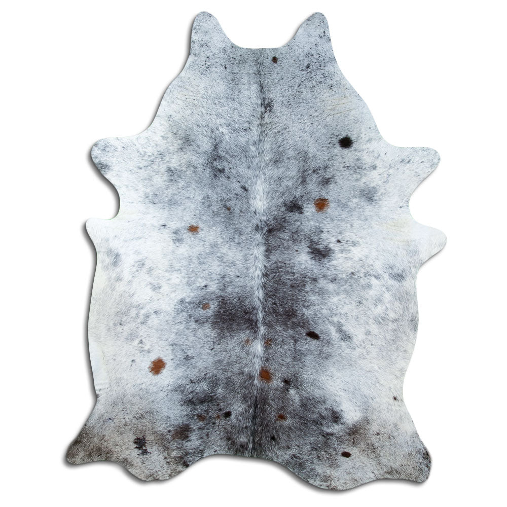 Salt & pepper koeienhuid, ongeveer 240 × 180 cm, van bovenaf gezien: precies de huid die je ontvangt