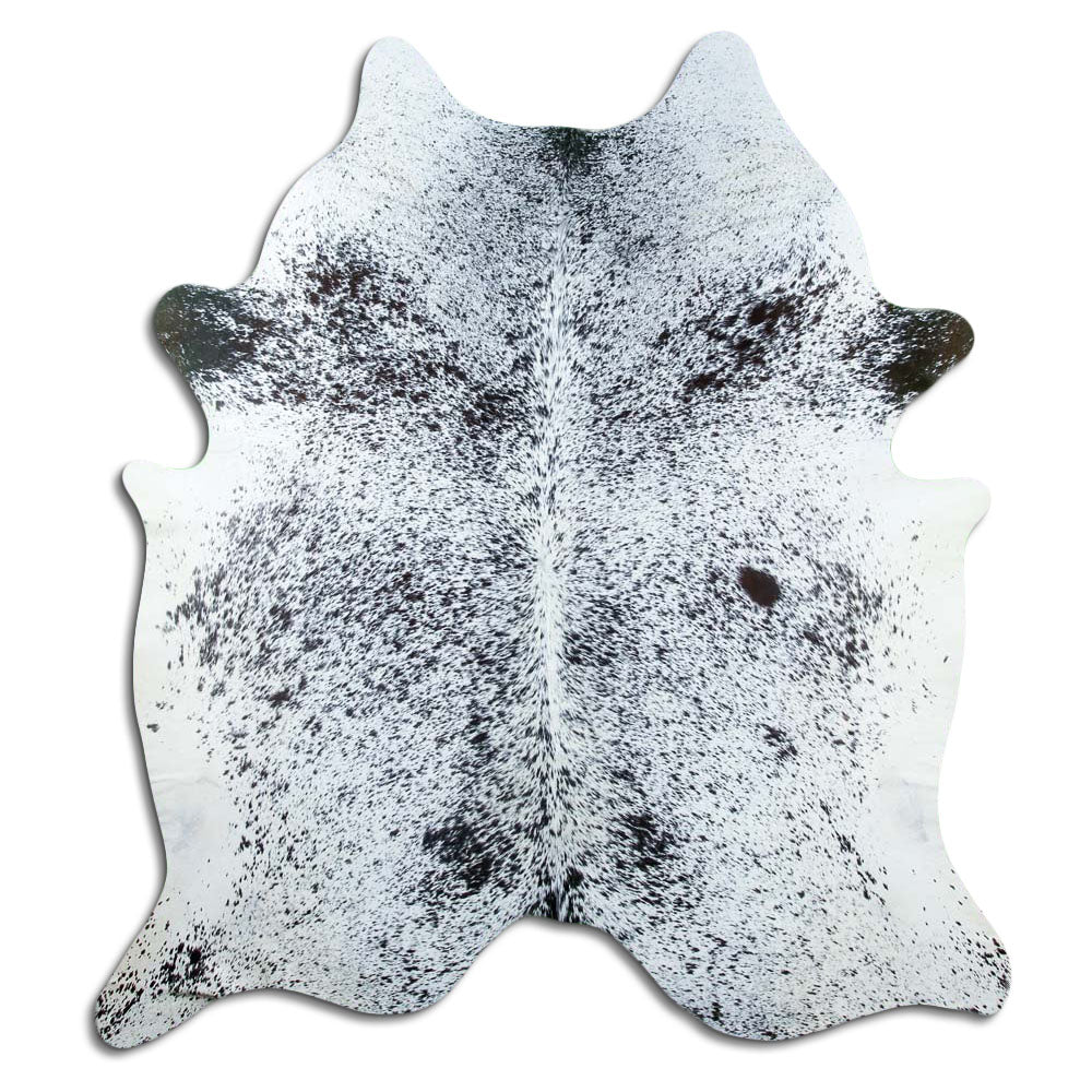 Salt & pepper koeienhuid, ongeveer 210 × 180 cm, van bovenaf gezien: precies de huid die je ontvangt