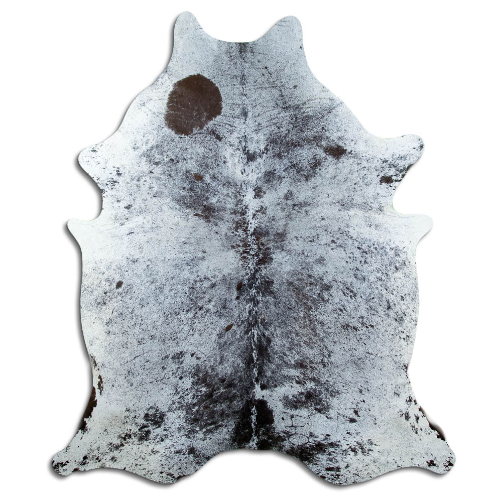 Salt & pepper koeienhuid, ongeveer 230 × 190 cm, van bovenaf gezien: precies de huid die je ontvangt