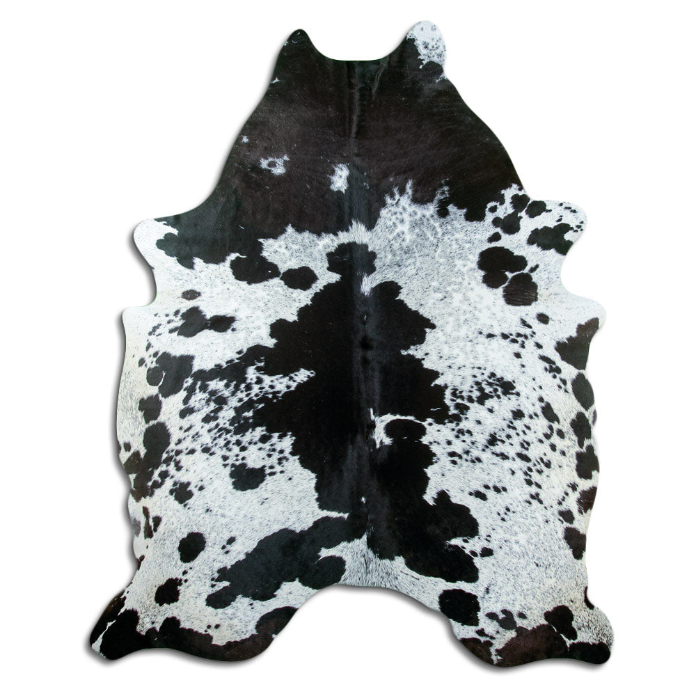 Salt & pepper koeienhuid, ongeveer 210 × 170 cm, van bovenaf gezien: precies de huid die je ontvangt