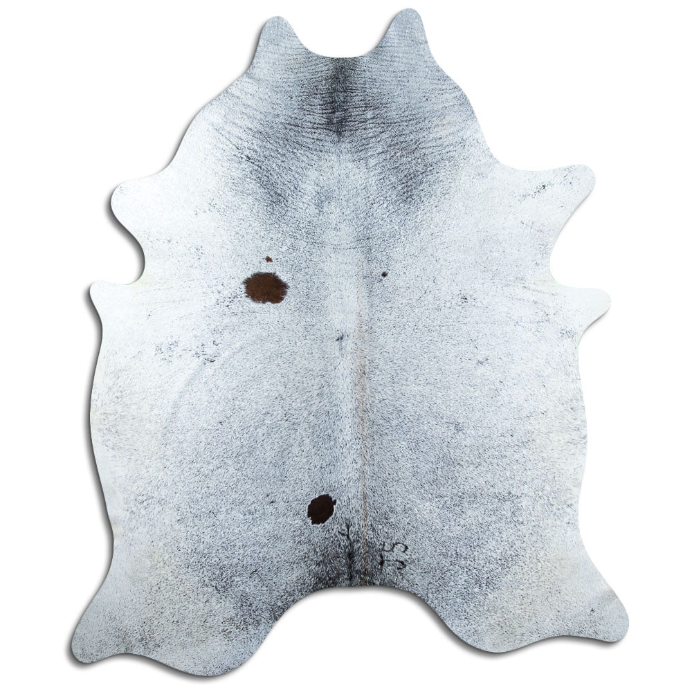 Salt & pepper koeienhuid, ongeveer 240 × 200 cm, van bovenaf gezien: precies de huid die je ontvangt
