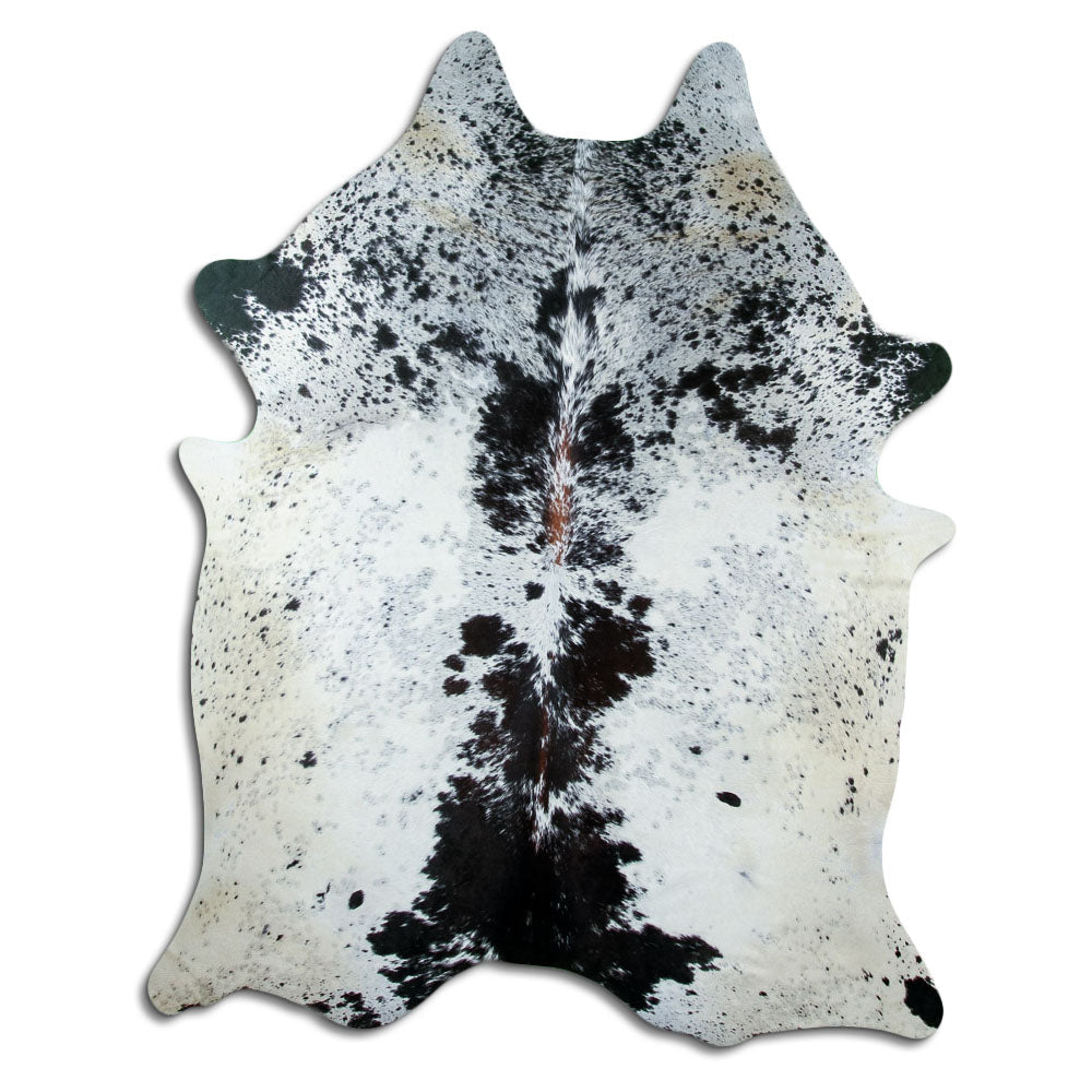 Salt & pepper koeienhuid, ongeveer 210 × 170 cm, van bovenaf gezien: precies de huid die je ontvangt