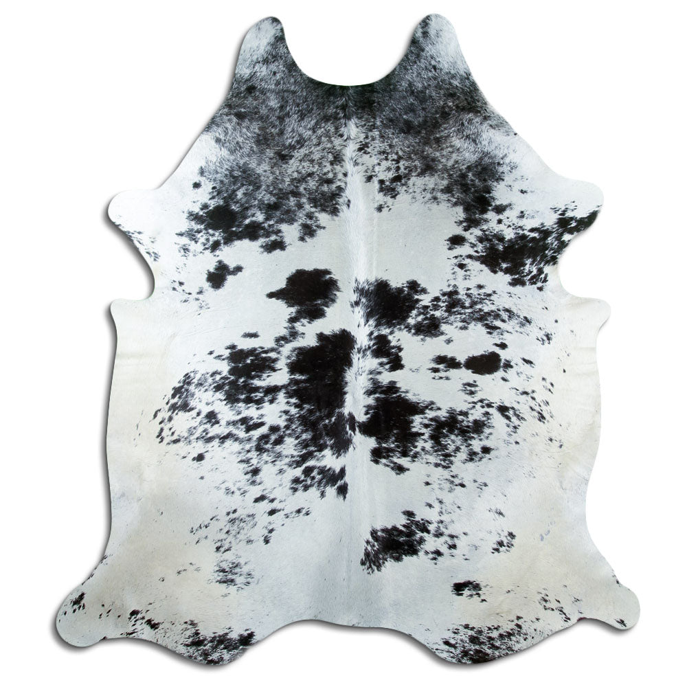 Salt & pepper koeienhuid, ongeveer 210 × 180 cm, van bovenaf gezien: precies de huid die je ontvangt