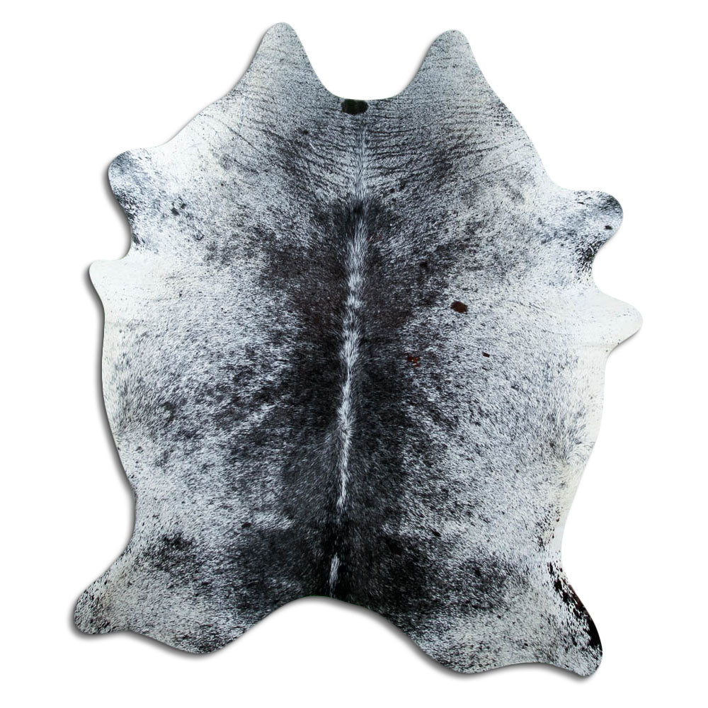 Salt & pepper koeienhuid, ongeveer 200 × 160 cm, van bovenaf gezien: precies de huid die je ontvangt