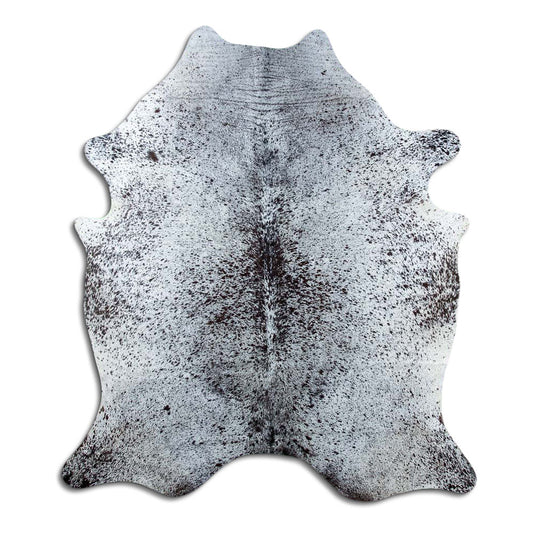 Salt & pepper koeienhuid, ongeveer 200 × 170 cm, van bovenaf gezien: precies de huid die je ontvangt