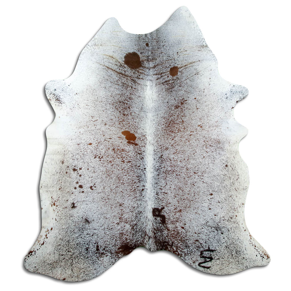Salt & pepper koeienhuid, ongeveer 190 × 180 cm, van bovenaf gezien: precies de huid die je ontvangt