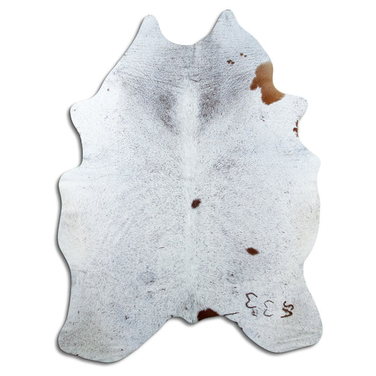 Salt & pepper koeienhuid, ongeveer 210 × 160 cm, van bovenaf gezien: precies de huid die je ontvangt