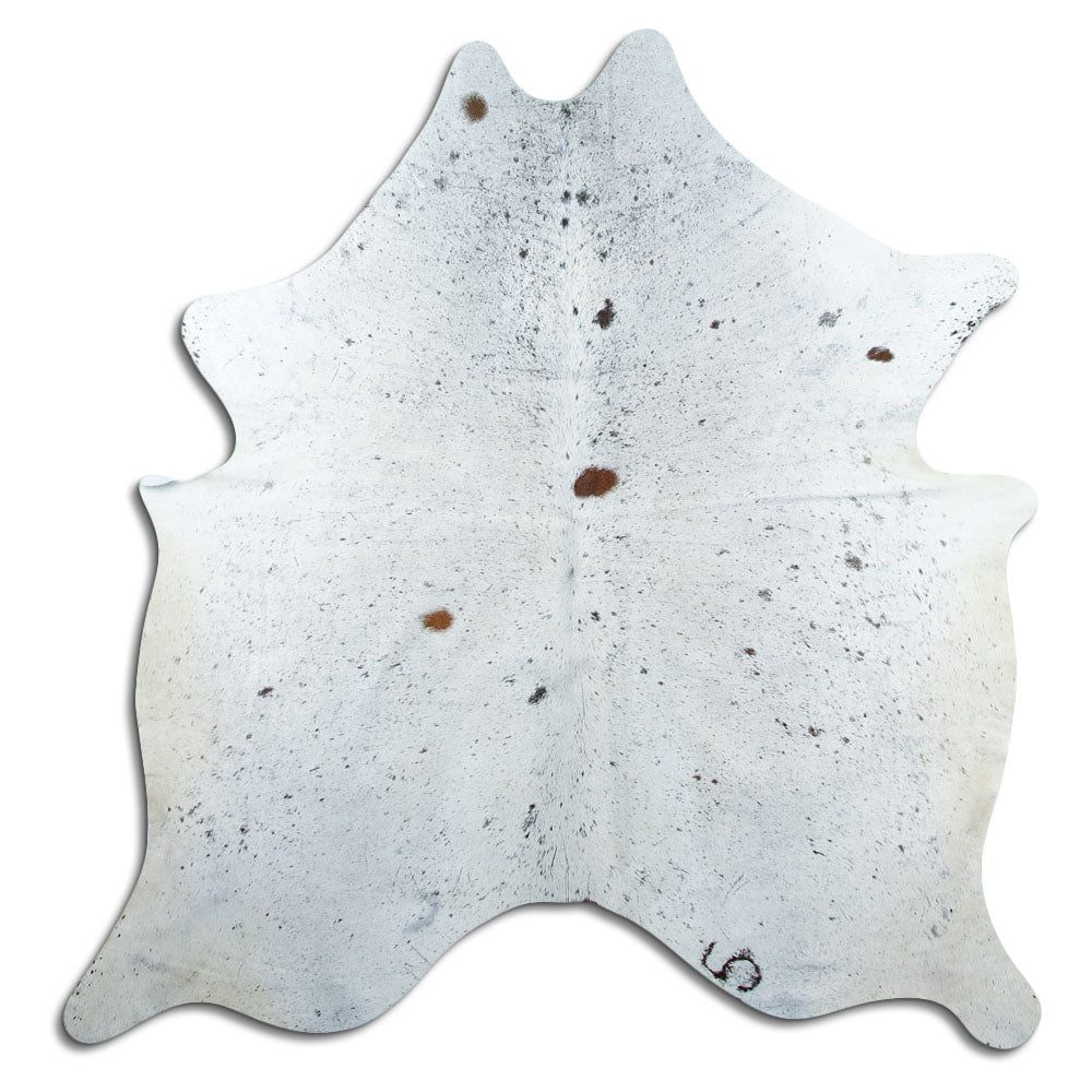 Salt & pepper koeienhuid, ongeveer 180 × 170 cm, van bovenaf gezien: precies de huid die je ontvangt