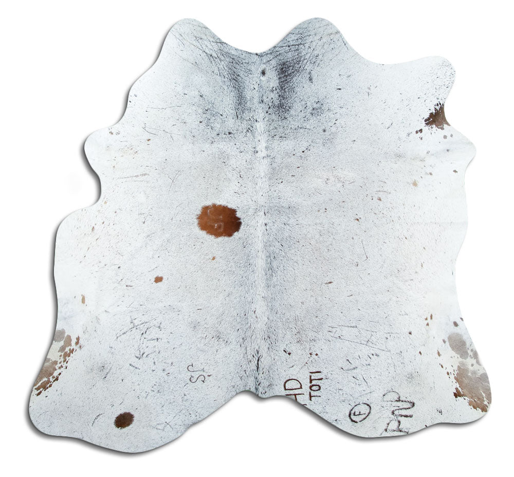 Salt & pepper koeienhuid, ongeveer 170 × 180 cm, van bovenaf gezien: precies de huid die je ontvangt
