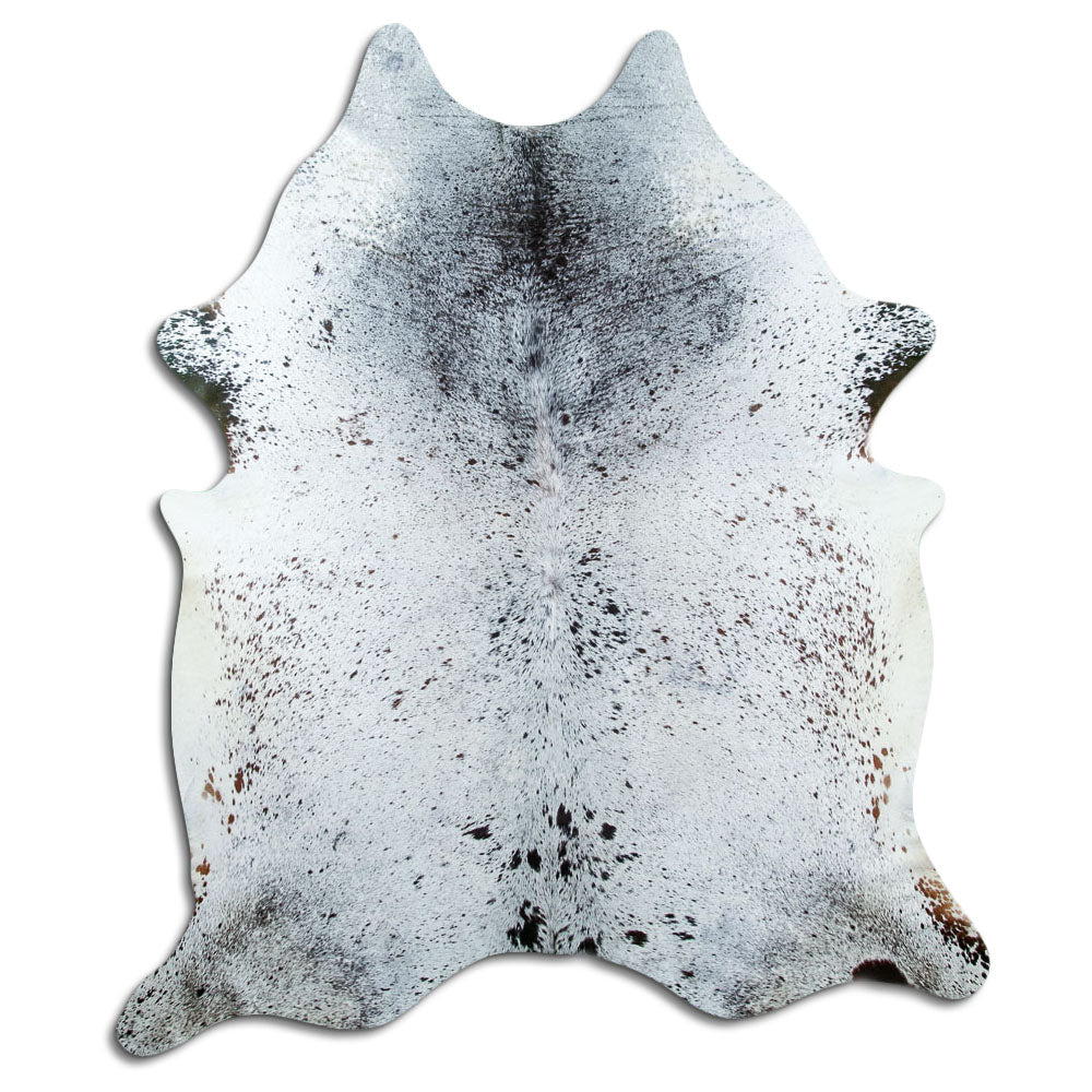 Salt & pepper koeienhuid, ongeveer 220 × 180 cm, van bovenaf gezien: precies de huid die je ontvangt