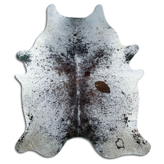 Salt & pepper koeienhuid, ongeveer 220 × 190 cm, van bovenaf gezien: precies de huid die je ontvangt