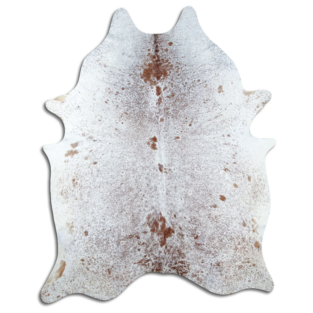 Salt & pepper koeienhuid, ongeveer 230 × 180 cm, van bovenaf gezien: precies de huid die je ontvangt