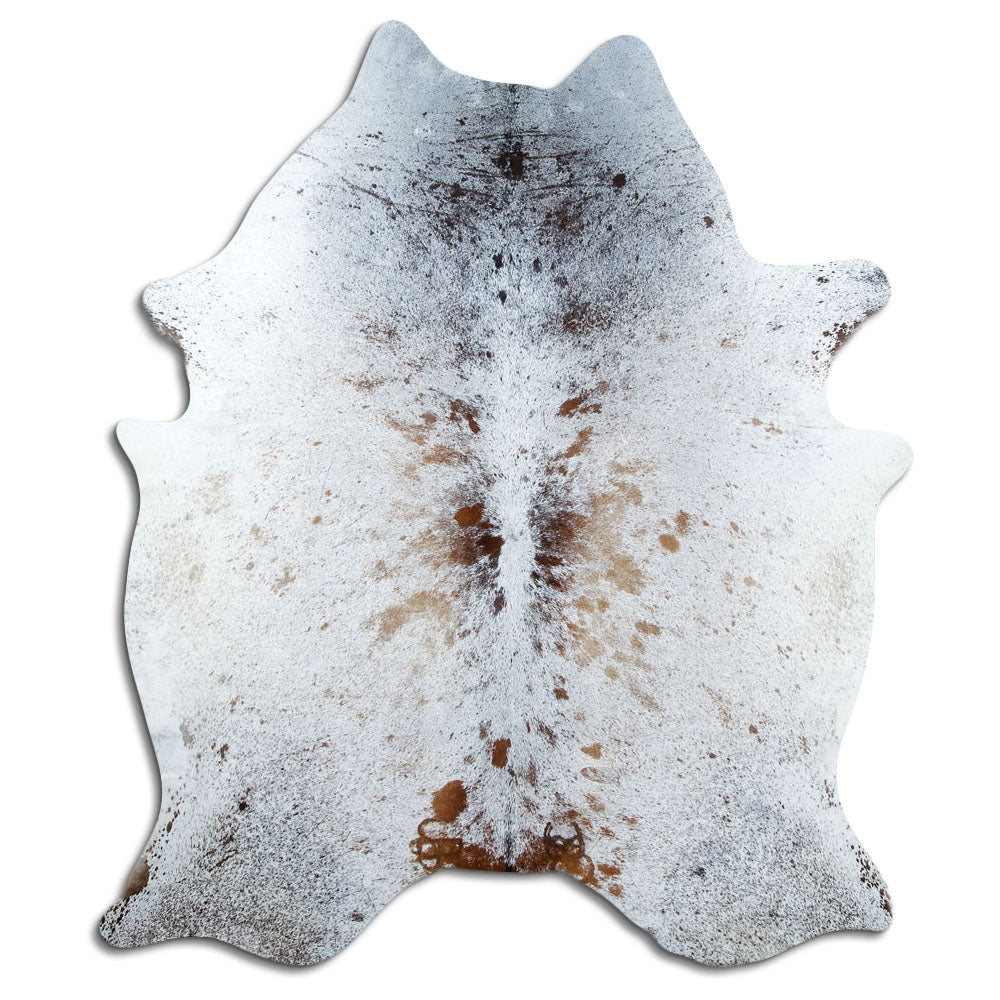 Salt & pepper koeienhuid, ongeveer 220 × 180 cm, van bovenaf gezien: precies de huid die je ontvangt