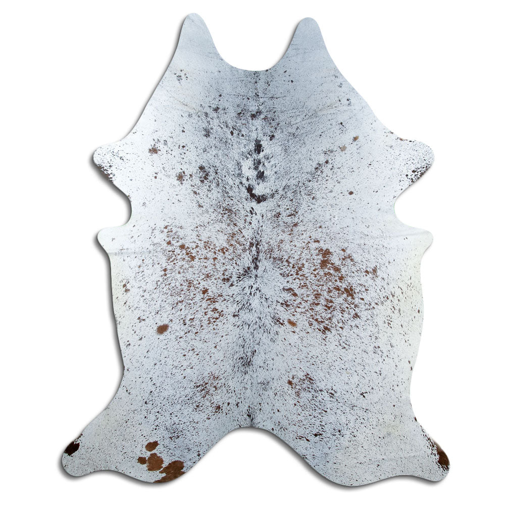 Salt & pepper koeienhuid, ongeveer 230 × 190 cm, van bovenaf gezien: precies de huid die je ontvangt
