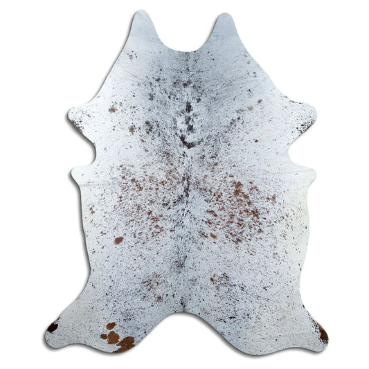 Salt & pepper koeienhuid, ongeveer 230 × 190 cm, van bovenaf gezien: precies de huid die je ontvangt