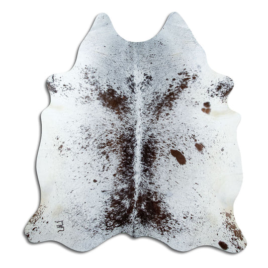 Salt & pepper koeienhuid, ongeveer 210 × 190 cm, van bovenaf gezien: precies de huid die je ontvangt