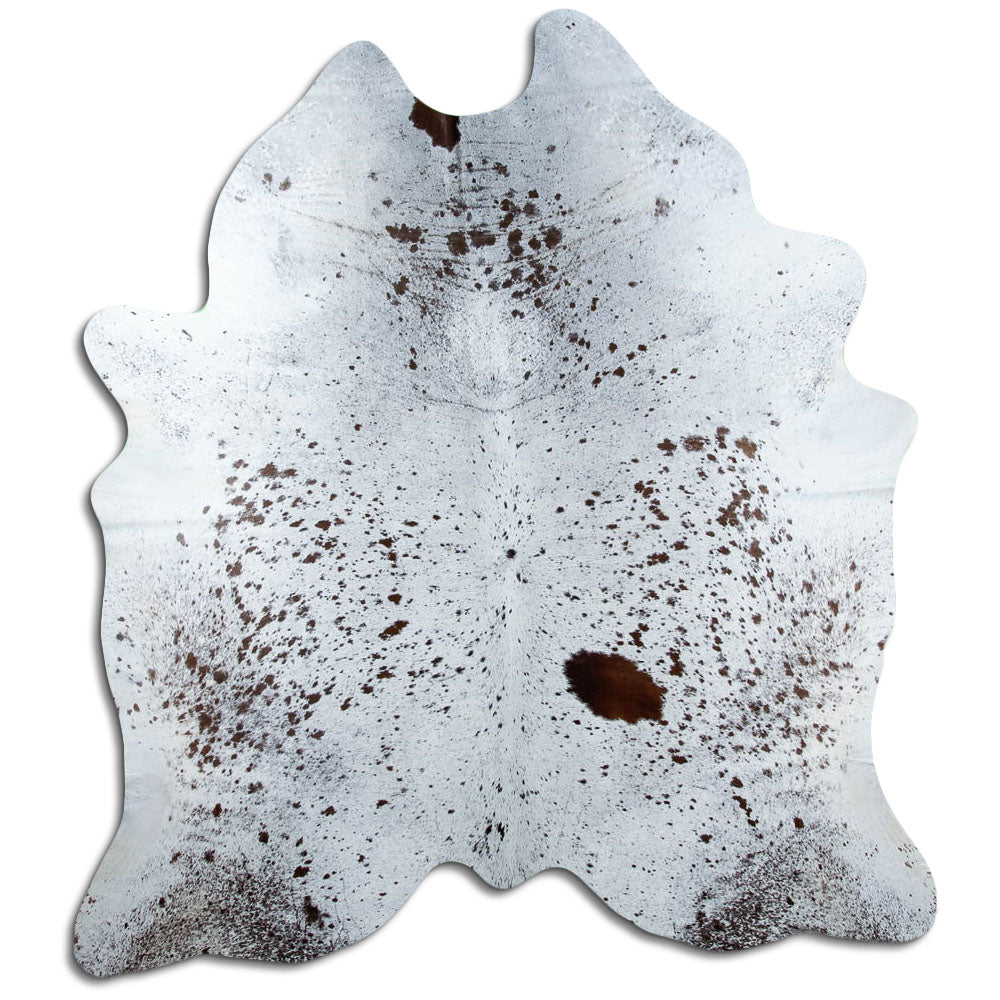 Salt & pepper koeienhuid, ongeveer 220 × 200 cm, van bovenaf gezien: precies de huid die je ontvangt