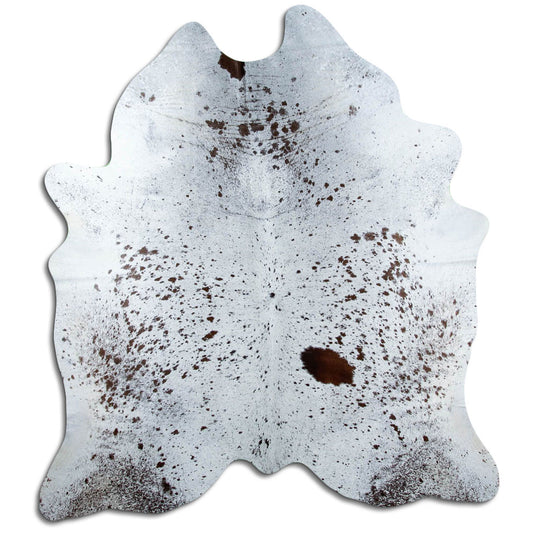 Salt & pepper koeienhuid, ongeveer 220 × 200 cm, van bovenaf gezien: precies de huid die je ontvangt