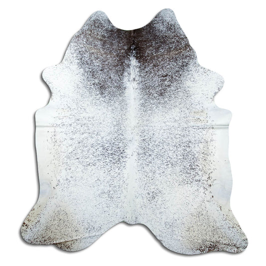 Salt & pepper koeienhuid, ongeveer 230 × 210 cm, van bovenaf gezien: precies de huid die je ontvangt