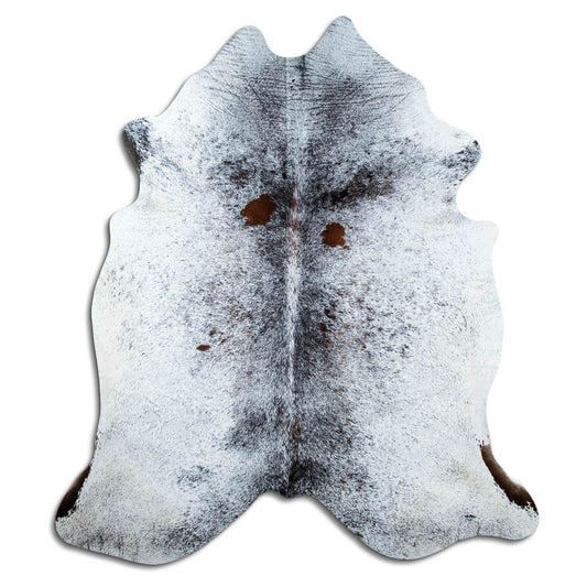 Salt & pepper koeienhuid, ongeveer 210 × 190 cm, van bovenaf gezien: precies de huid die je ontvangt