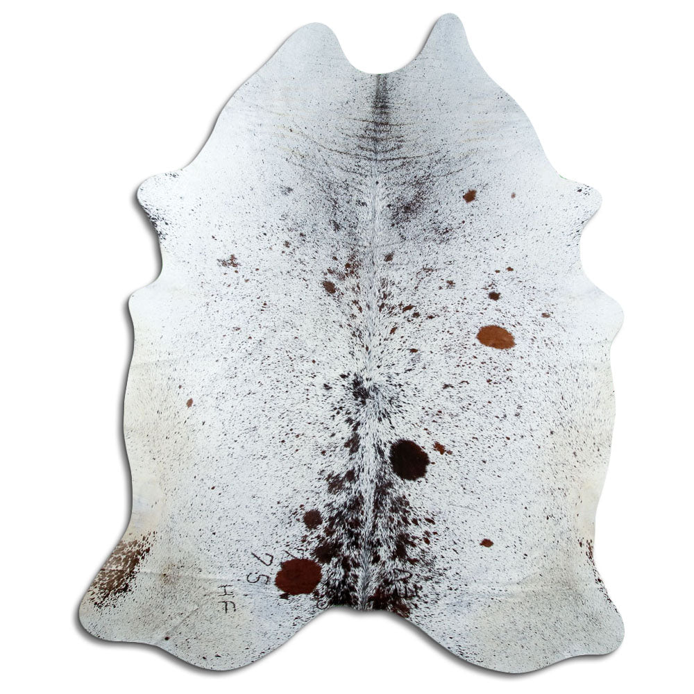 Salt & pepper koeienhuid, ongeveer 240 × 200 cm, van bovenaf gezien: precies de huid die je ontvangt