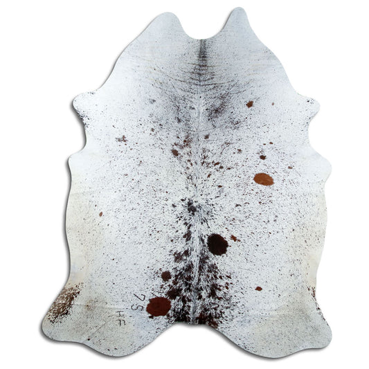 Salt & pepper koeienhuid, ongeveer 240 × 200 cm, van bovenaf gezien: precies de huid die je ontvangt