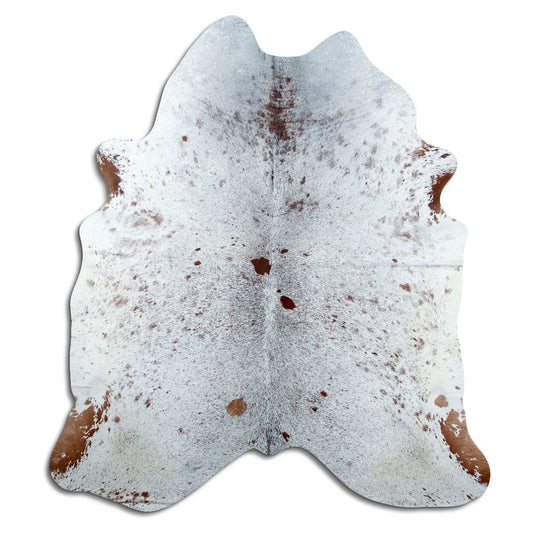Salt & pepper koeienhuid, ongeveer 220 × 200 cm, van bovenaf gezien: precies de huid die je ontvangt