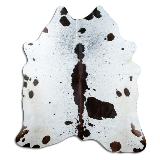 Salt & pepper koeienhuid, ongeveer 200 × 180 cm, van bovenaf gezien: precies de huid die je ontvangt