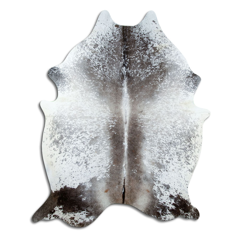 Salt & pepper koeienhuid, ongeveer 210 × 160 cm, van bovenaf gezien: precies de huid die je ontvangt