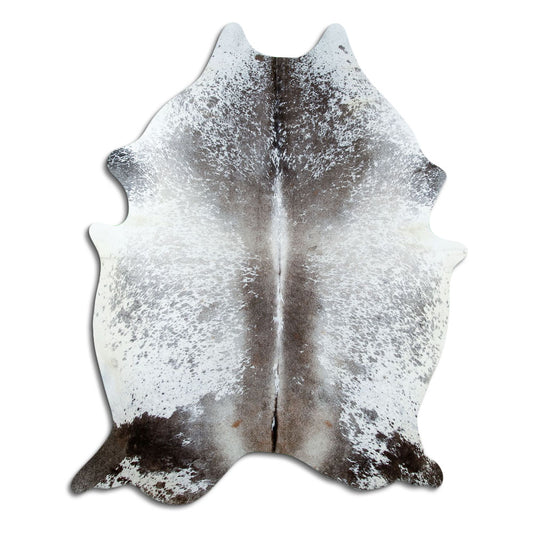 Salt & pepper koeienhuid, ongeveer 210 × 160 cm, van bovenaf gezien: precies de huid die je ontvangt