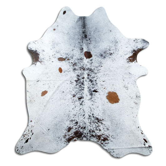 Salt & pepper koeienhuid, ongeveer 220 × 200 cm, van bovenaf gezien: precies de huid die je ontvangt