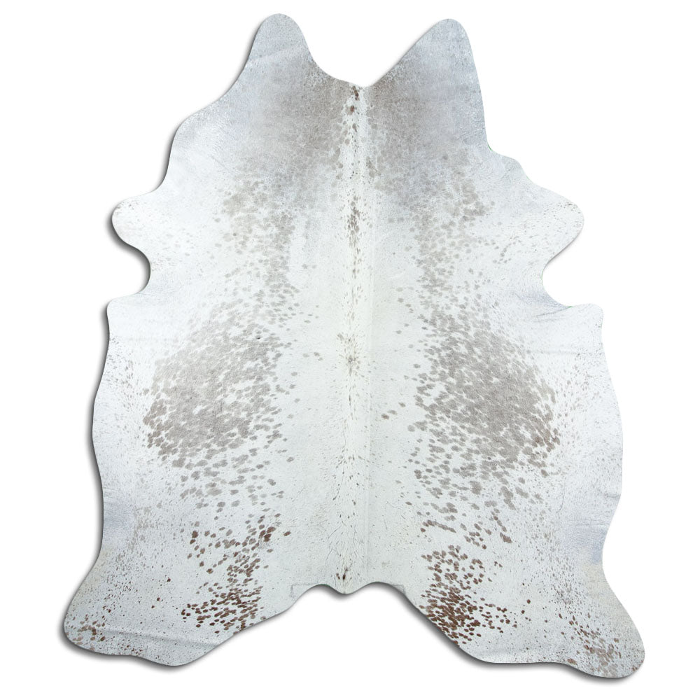 Salt & pepper koeienhuid, ongeveer 230 × 200 cm, van bovenaf gezien: precies de huid die je ontvangt