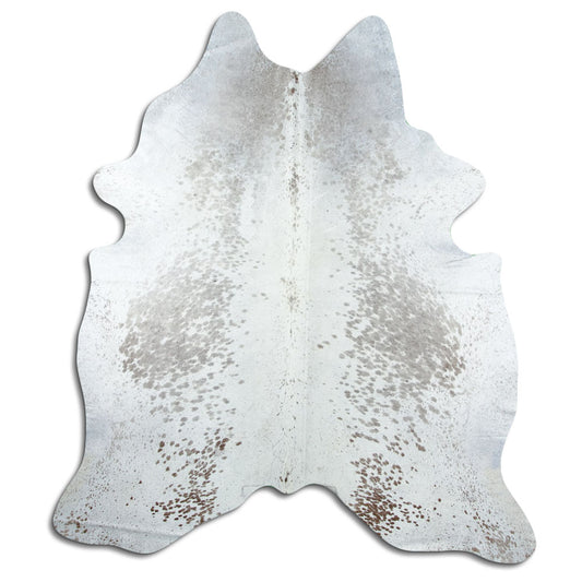 Salt & pepper koeienhuid, ongeveer 230 × 200 cm, van bovenaf gezien: precies de huid die je ontvangt