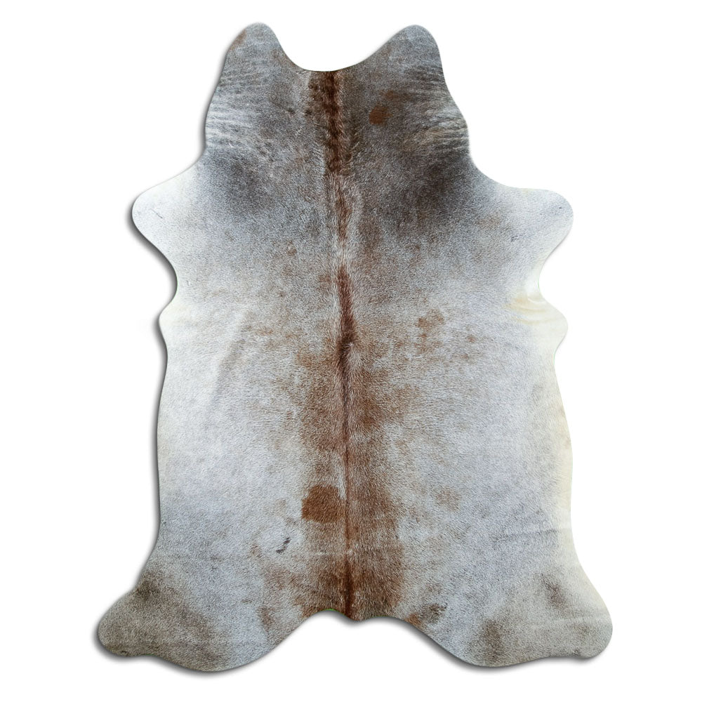 Tan grey koeienhuid, ongeveer 210 × 160 cm, van bovenaf gezien: precies de huid die je ontvangt
