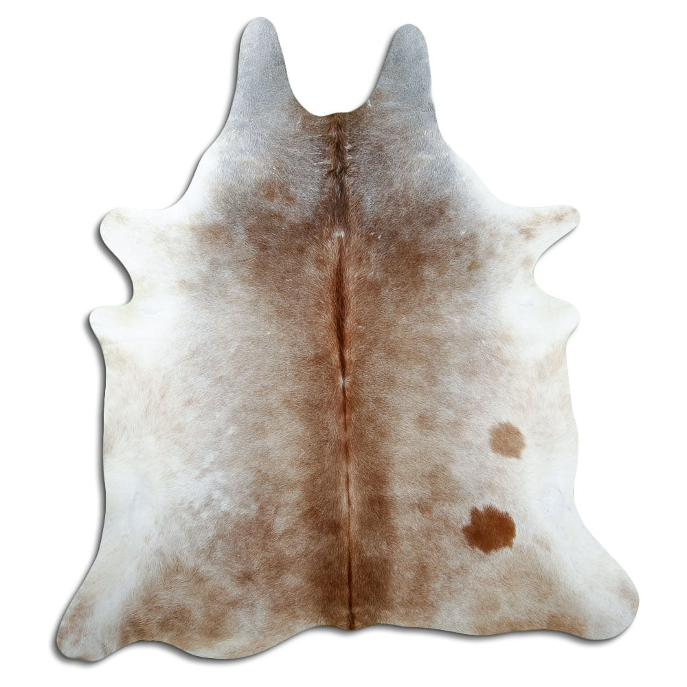 Tan grey koeienhuid, ongeveer 210 × 190 cm, van bovenaf gezien: precies de huid die je ontvangt
