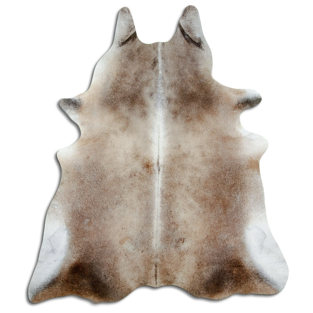 Tan grey koeienhuid, ongeveer 230 × 200 cm, van bovenaf gezien: precies de huid die je ontvangt