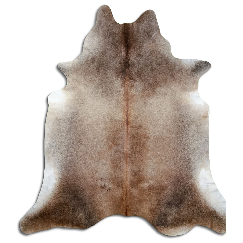 Tan grey koeienhuid, ongeveer 250 × 220 cm, van bovenaf gezien: precies de huid die je ontvangt