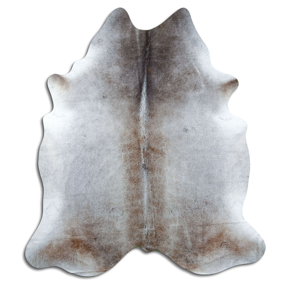Tan grey koeienhuid, ongeveer 240 × 210 cm, van bovenaf gezien: precies de huid die je ontvangt