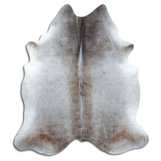 Tan grey koeienhuid, ongeveer 240 × 210 cm, van bovenaf gezien: precies de huid die je ontvangt