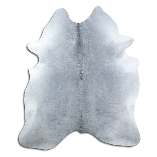 Grijze koeienhuid, ongeveer 220 × 190 cm, van bovenaf gezien: precies de huid die je ontvangt