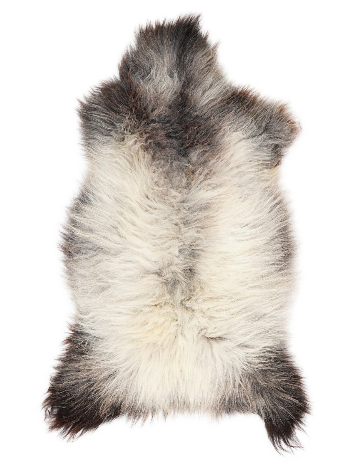 Britse meerkleurige schapenvacht, ongeveer 130 × 65 cm, van bovenaf gezien: precies de vacht die je ontvangt