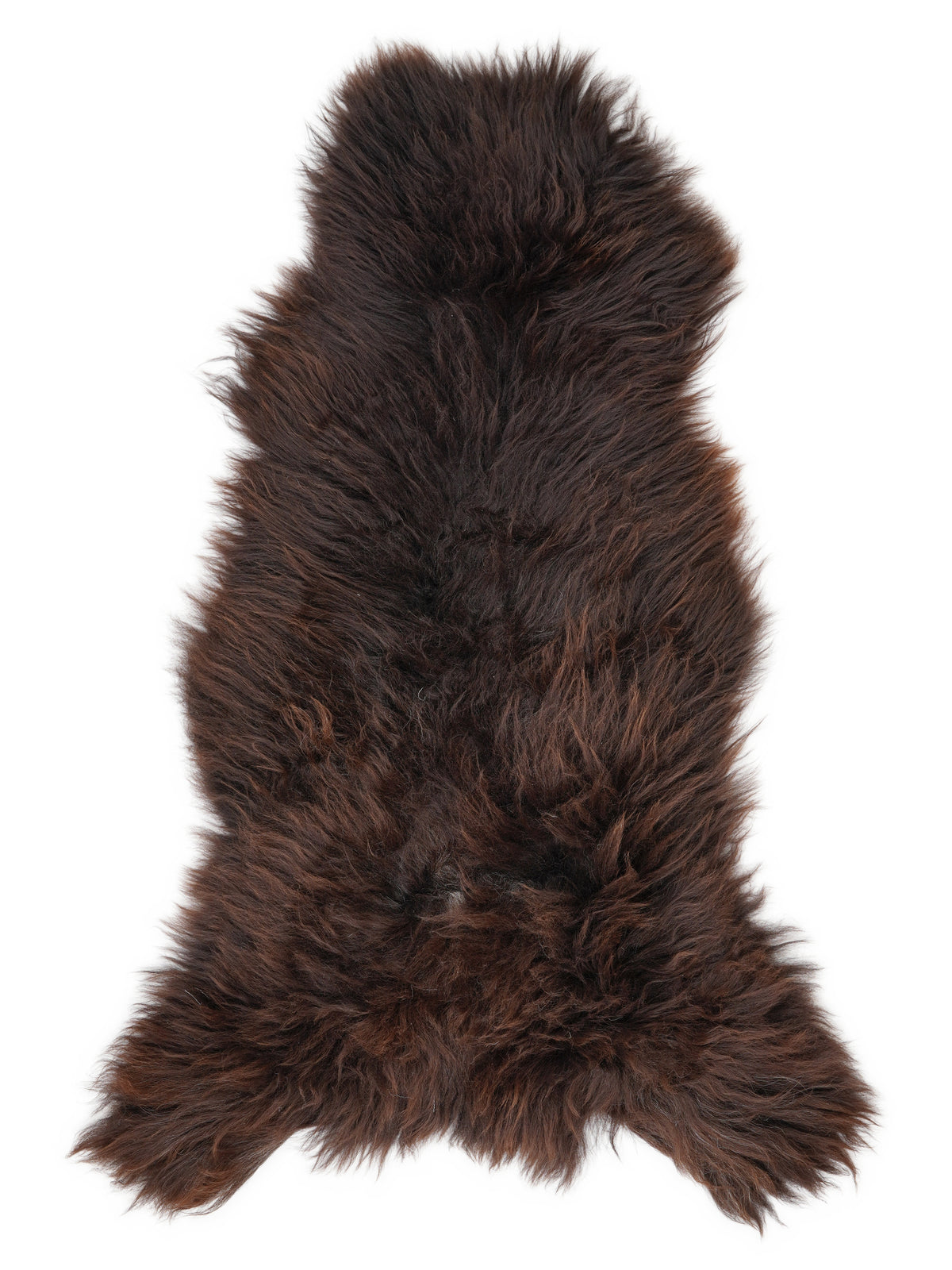 Bruine schapenvacht, ongeveer 140 × 65 cm, van bovenaf gezien: precies de vacht die je ontvangt