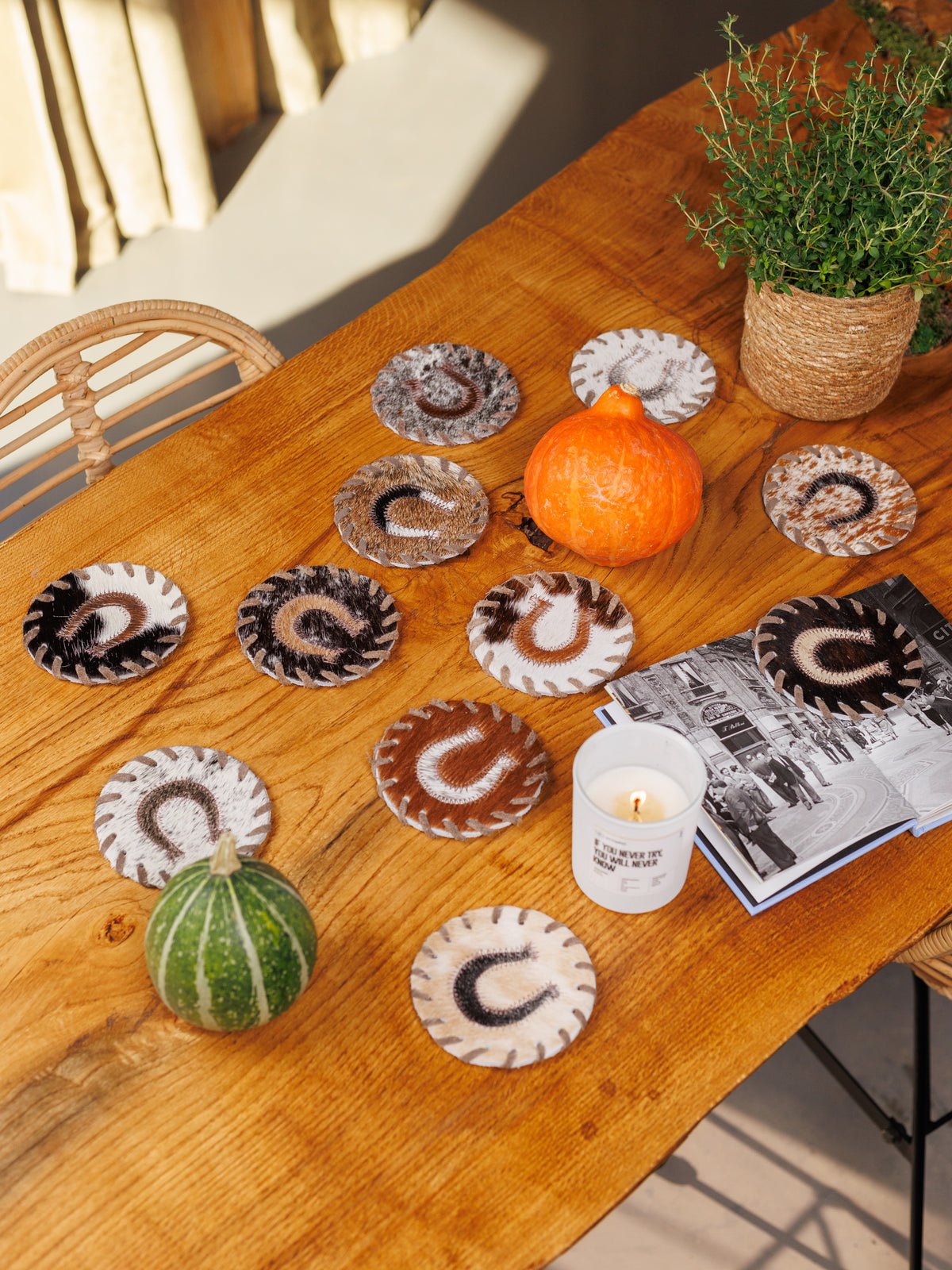 Koeienhuid onderzetters met hoefijzer op een houten tafel, met een pompoen, een kaars en kruiden