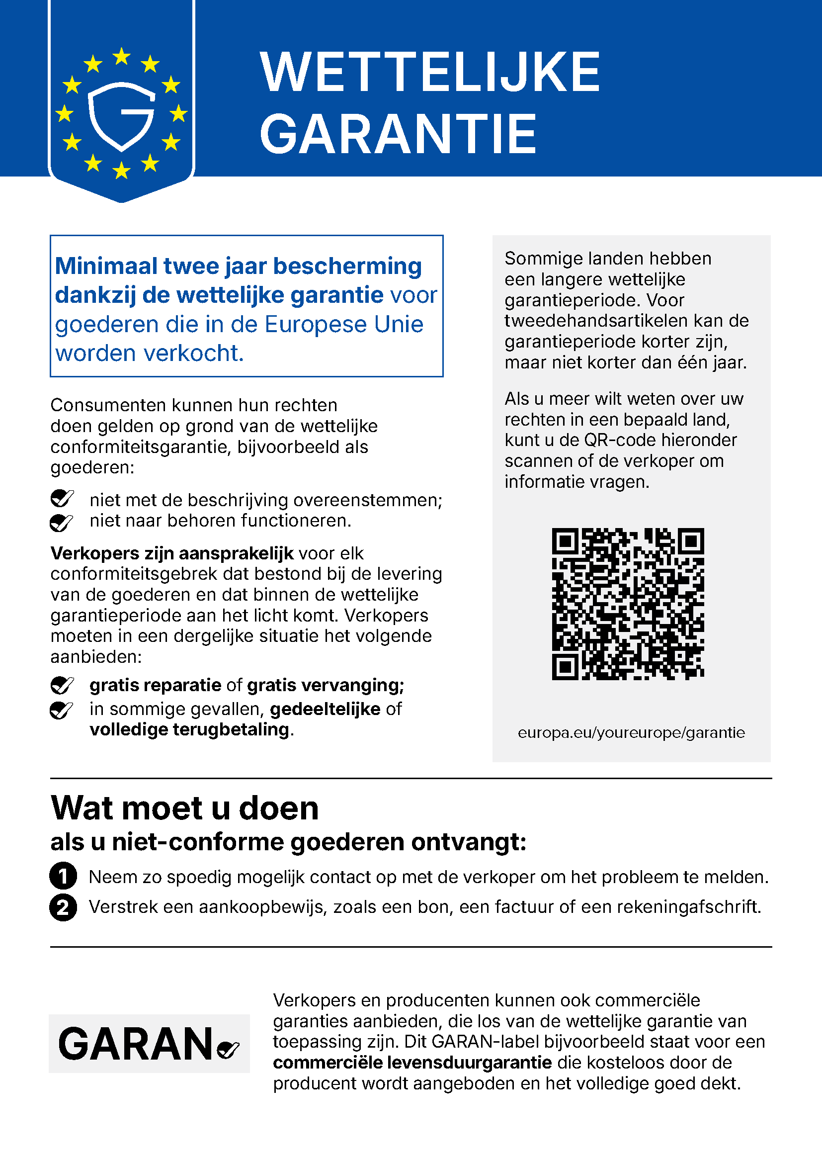 Officiële EU-mededeling over de wettelijke garantie: minimaal twee jaar bescherming voor goederen die in de Europese Unie worden verkocht.